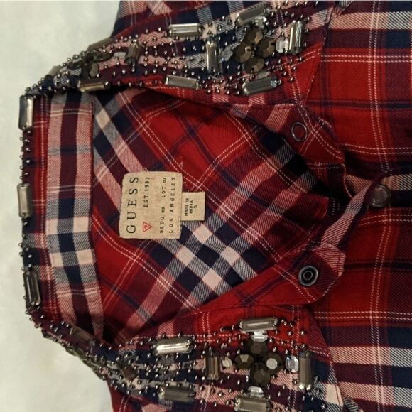 Guess plaid button down embellished neck small - Picture 4 of 5